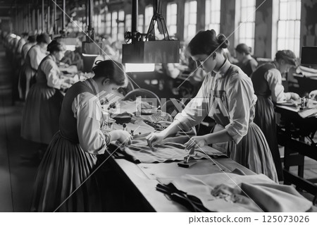 Female garment workers working together on a piece of clothing in a busy factory 125073026