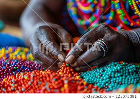 Artisan carefully crafting a beautiful beaded necklace with colorful beads, showcasing the traditional craftsmanship of the maasai people 125073091