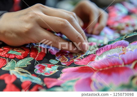 Close up of a seamstress carefully embroidering a floral design on fabric using silk thread 125073098