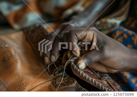 Close up of a leather craftsman meticulously stitching a high quality leather bag, showcasing traditional craftsmanship and attention to detail 125073099