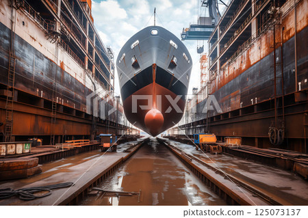 Massive cargo ship undergoing maintenance in a busy shipyard, showcasing the maritime industry's intricate process of keeping vessels seaworthy 125073137