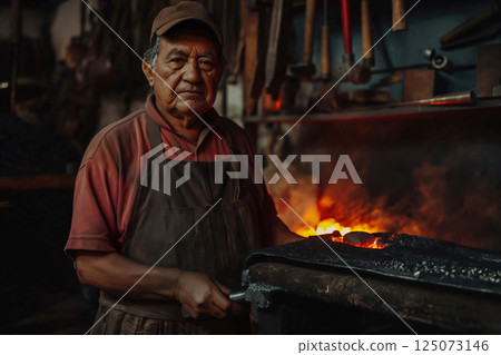 Blacksmith is holding a piece of hot metal in a workshop with a burning furnace in the background 125073146
