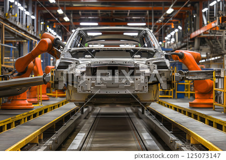 Robotic arms assemble car body frame in modern factory, showcasing tech integration and innovation in automotive industry 125073147