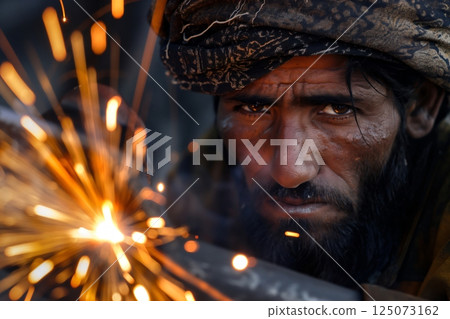 Skilled blacksmith welding metal in traditional workshop, surrounded by sparks and intense heat, showcasing craftsmanship and dedication in iron and steel industry 125073162