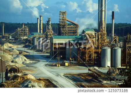 Sulfur mine processing plant releasing smoke into the atmosphere on a partly cloudy day 125073186