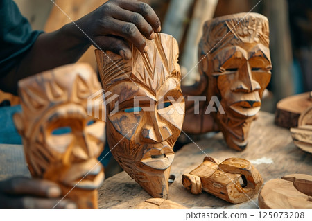 Artisan skillfully holding a wooden mask in his cozy workshop, showcasing his handcrafted artistry and creativity, reflecting rich cultural traditions and talents Artisan skillfully holding a wooden mask in his cozy workshop, showcasing his handcrafted artistry and creativity, reflecting rich cultural traditions and talents 125073208