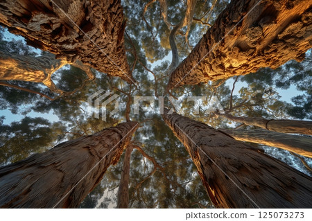 Towering gum trees with textured trunks reach high into the sky, creating a majestic forest scene bathed in sunlight 125073273