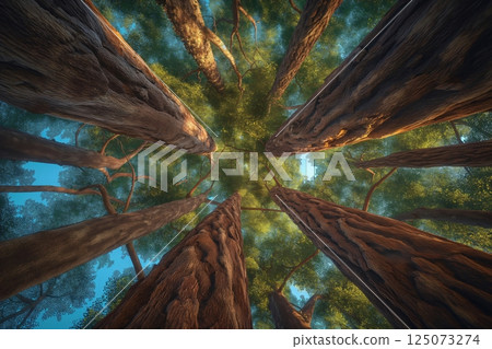 Sunlight filtering through a dense canopy of trees, illuminating the vibrant green leaves and creating a sense of awe and wonder 125073274