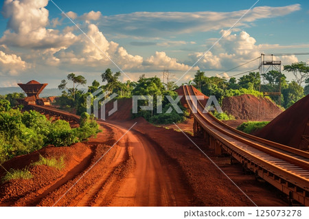 Conveyor belt transporting bauxite in an open pit mine in a lush green forest in guinea 125073278