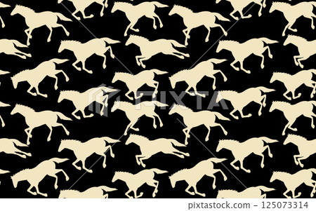 奔跑的馬匹輪廓無縫圖案，黑色和象牙色的別緻背景材料 125073314
