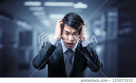 A businessman panicking in a dark office, holding his head with both hands, generative ai_wide 125073355