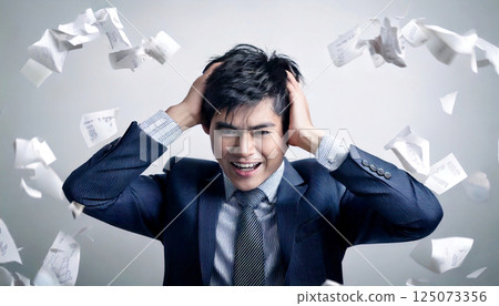 A businessman panics, holding his head with both hands as papers fly around, generative ai_wide 125073356