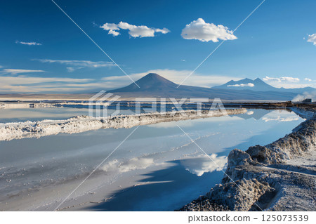 Shallow pools of mineral rich water reflecting the sky at a lithium extraction site in Bolivia Shallow pools of mineral rich water reflecting the sky at a lithium extraction site in Bolivia 125073539