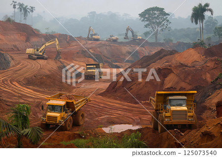 Mining trucks and excavators working at a manganese mining site in Gabon, central Africa 125073540