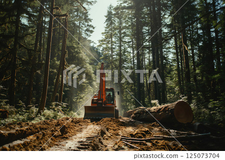 Excavator is clearing a path in a forest, creating a logging road and preparing to transport felled trees 125073704