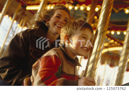 Mother and her son are laughing and having a good time riding a carousel at a vintage amusement park 125073762