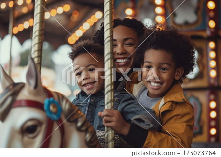 Mother is enjoying a day at the amusement park with her two sons, riding a carousel horse and laughing 125073764