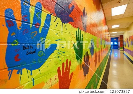 Brightly colored handprints of children decorating a school hallway as a janitor prepares for the start of a new year Brightly colored handprints of children decorating a school hallway as a janitor prepares for the start of a new year 125073857