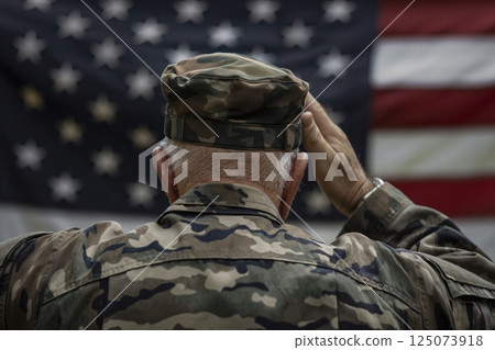 Military veteran is saluting the American flag with a look of respect on his face Military veteran is saluting the American flag with a look of respect on his face 125073918
