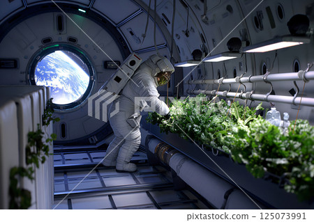 Astronaut is tending to a hydroponic garden in a space station, with the earth visible through the window 125073991