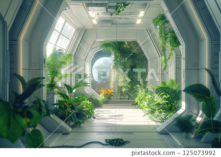 Bright, futuristic spacecraft interior with a lush vertical garden and a large window offering a breathtaking view of earth 125073992