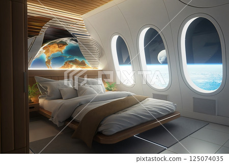 Modern, luxurious hotel room in space featuring large windows with breathtaking views of earth from orbit 125074035
