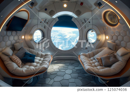 Luxurious spacecraft cabin offers a breathtaking view of earth through a large panoramic window, inviting passengers to relax and enjoy the wonders of space travel 125074036