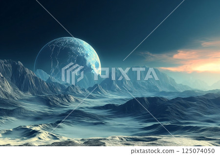 Blue and white planet is rising over a cold and desolate mountain range on a terraformed planet 125074050