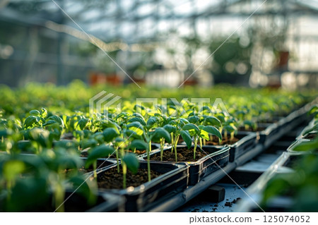 Trays of seedlings growing under artificial light in a greenhouse, promising a bountiful harvest 125074052