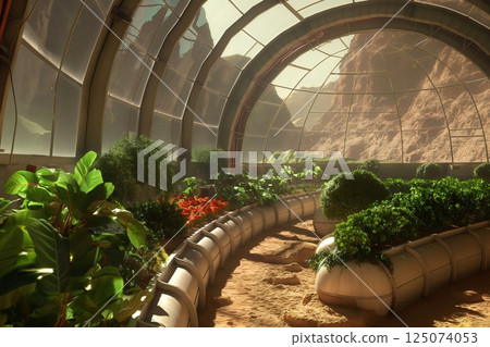 Large greenhouse is growing plants on the surface of mars, providing food and oxygen for a future colony 125074053