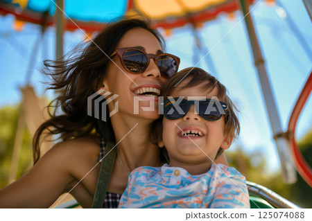 Mother and her son are laughing and having fun while riding a carousel at an amusement park on a sunny day 125074088