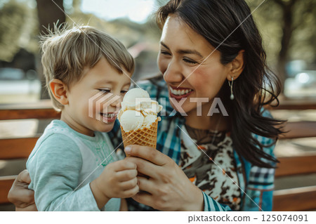 Mother and her son are sitting on a bench, smiling and sharing a vanilla ice cream cone on a sunny day 125074091