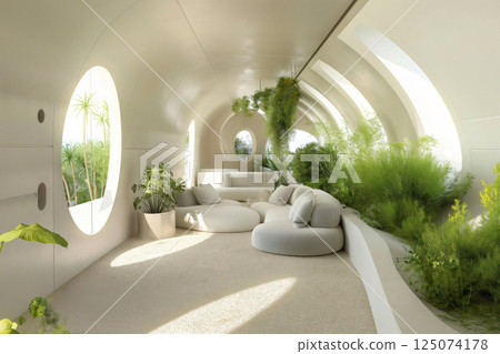 Bright and airy interior design featuring a living space with abundant greenery and organic shapes, creating a sense of harmony and tranquility 125074178