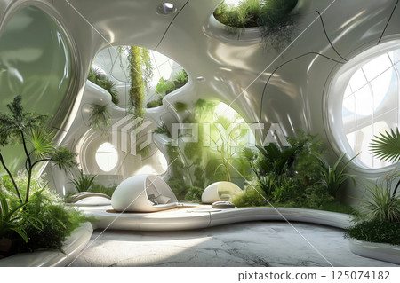 Futuristic interior design with lush greenery growing on the walls, creating a serene and eco friendly living space Futuristic interior design with lush greenery growing on the walls, creating a serene and eco friendly living space 125074182