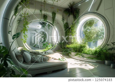 Futuristic bedroom with a person sleeping in the bed and round windows showing a city in the distance Futuristic bedroom with a person sleeping in the bed and round windows showing a city in the distance 125074183