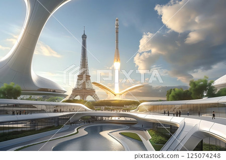 Futuristic spaceport with crowds of people watching a modern rocket launching near the Eiffel tower in Paris, France 125074248