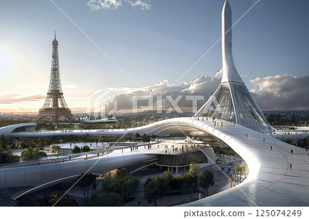 Tourists and space travelers exploring a futuristic spaceport in Paris with a rocket preparing for launch Tourists and space travelers exploring a futuristic spaceport in Paris with a rocket preparing for launch 125074249