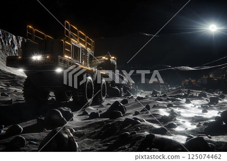 Large mining vehicle driving on the moon surface towards a futuristic mining outpost 125074462
