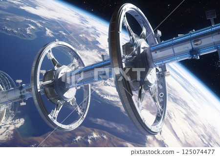 Modular space station is orbiting earth, its rotating habitation rings designed to simulate gravity for its inhabitants Modular space station is orbiting earth, its rotating habitation rings designed to simulate gravity for its inhabitants 125074477