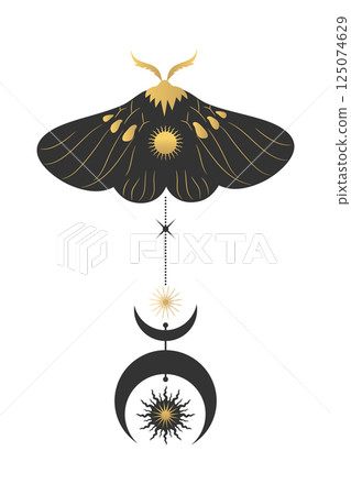 Golden celestial emblem of moth with space decorations. Decorative celestial element. Vector illustration Golden celestial emblem of moth with space decorations. Decorative celestial element. Vector illustration 125074629