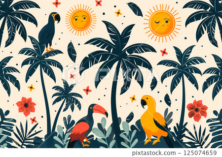 Aloha mood hand drawn tropical pattern set (palm trees and flowers) 125074659