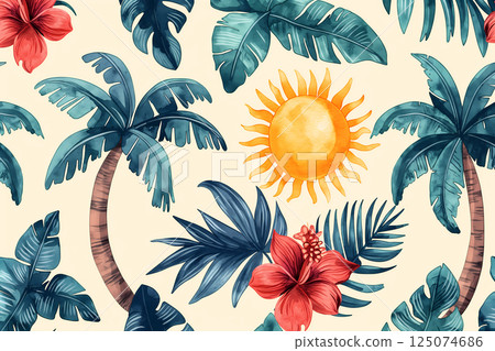 Aloha mood hand drawn tropical pattern set (palm trees and flowers) Aloha mood hand drawn tropical pattern set (palm trees and flowers) 125074686