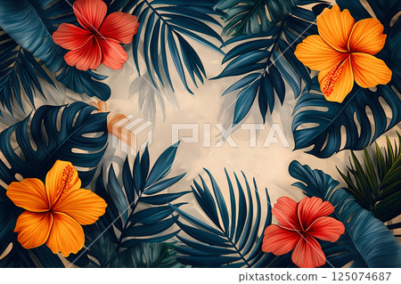 Aloha mood hand drawn tropical pattern set (palm trees and flowers) Aloha mood hand drawn tropical pattern set (palm trees and flowers) 125074687