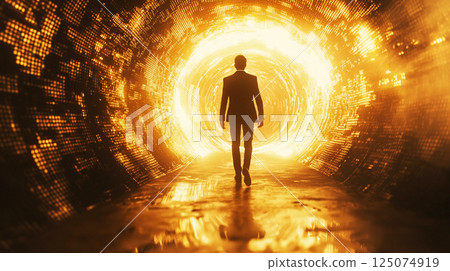 Back view of a man in a suit walking through a digital tunnel enveloped in light Back view of a man in a suit walking through a digital tunnel enveloped in light 125074919