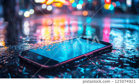 Rain-soaked smartphone and neon street 125074921