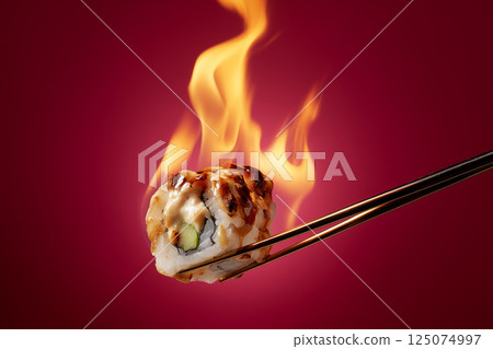 Flaming Uramaki Sushi Roll Surrounded by Fire on Red Background in Close-Up Composition 125074997