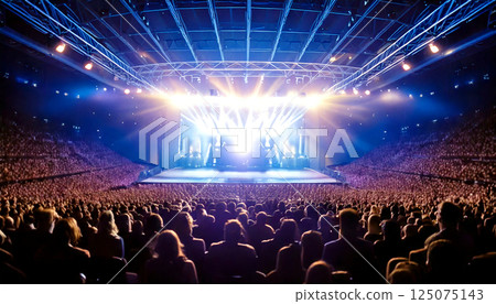 A stage at a live venue with a large audience watching, generative AI_wide 125075143