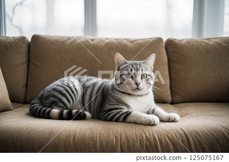 A cute cat in a boat with a mirror head, animal width and wide report sea report material sheet 125075167