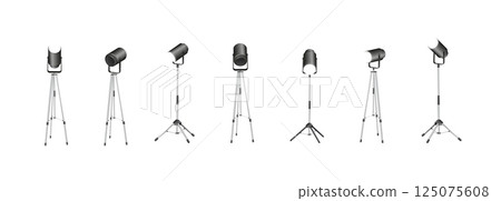 Spotlights set, stage and studio light, realistic hanging lamps. Spot lights and searchlights for concert. Vector 125075608