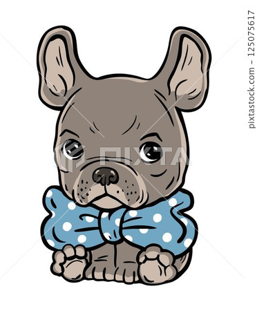 Little funny bulldog puppy with big ears and with a bow 125075617